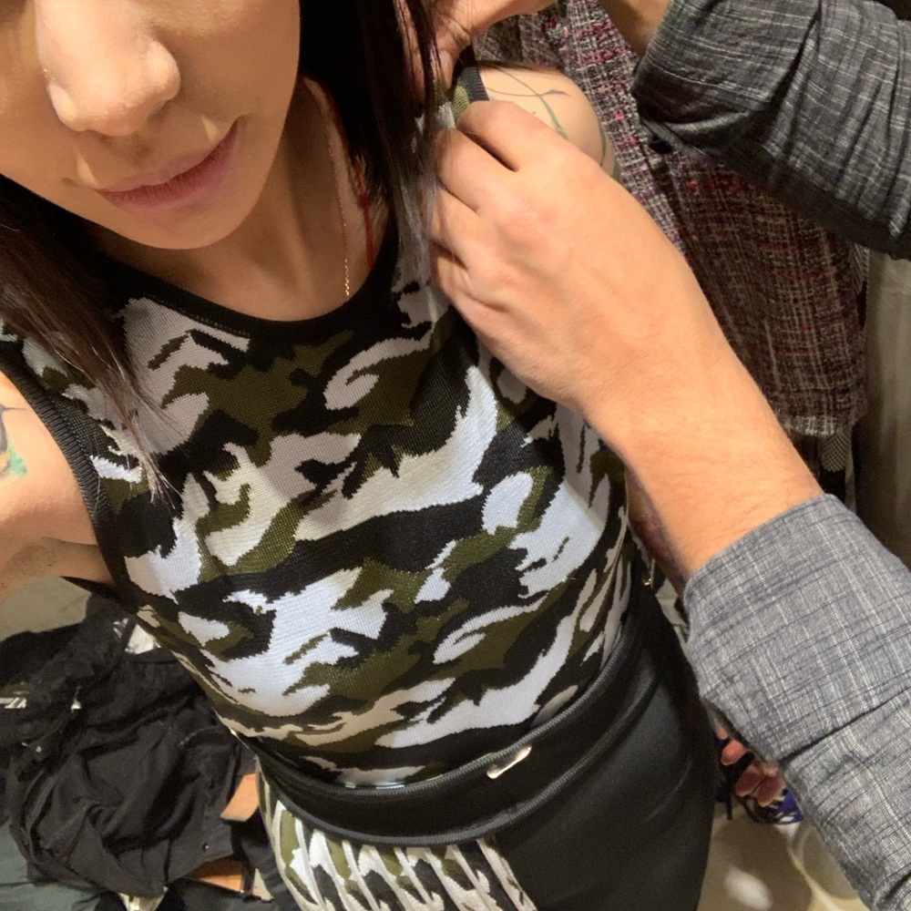 Camo off the shoulder zip up top